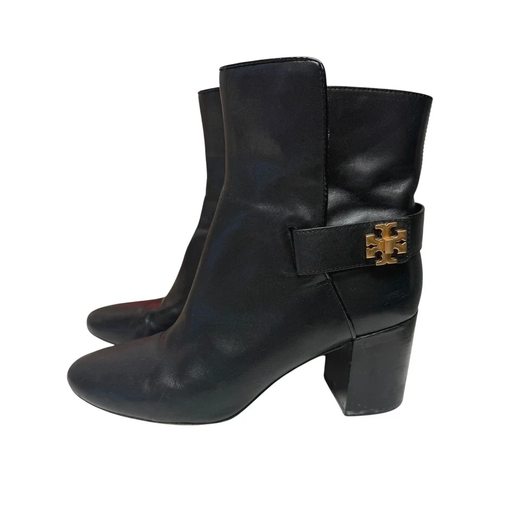 Tory Burch Kira Boots Womens 9M Black Leather Block Heel Gold Minimalist Luxury